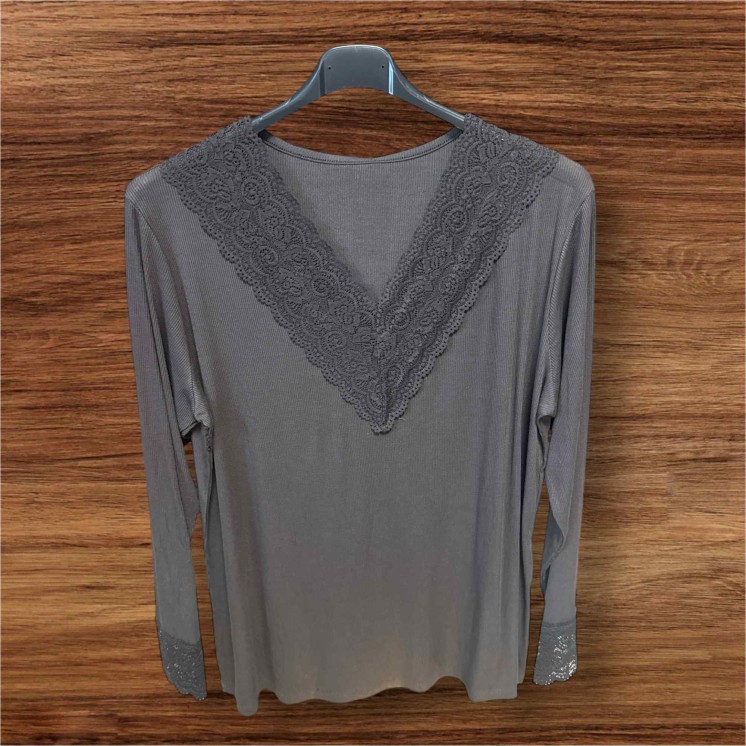 Pull col dentelle taupe