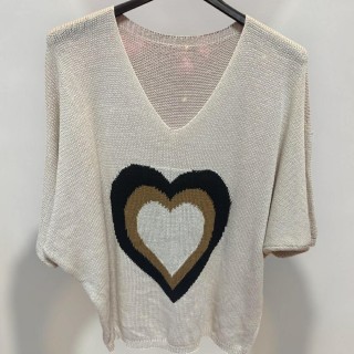Pull maille cœur beige