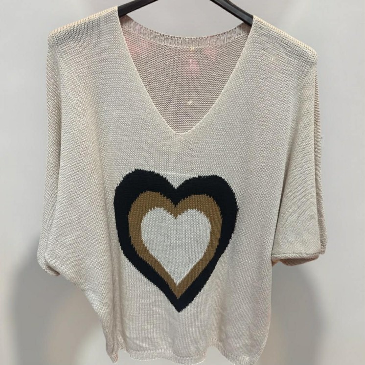 Pull maille cœur beige