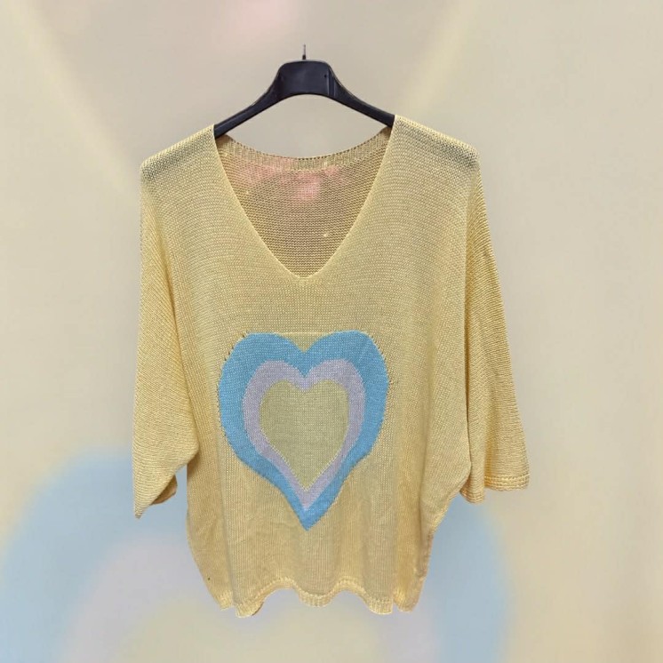 Pull maille cœur jaune