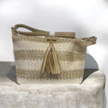 Sac rayé beige pompon